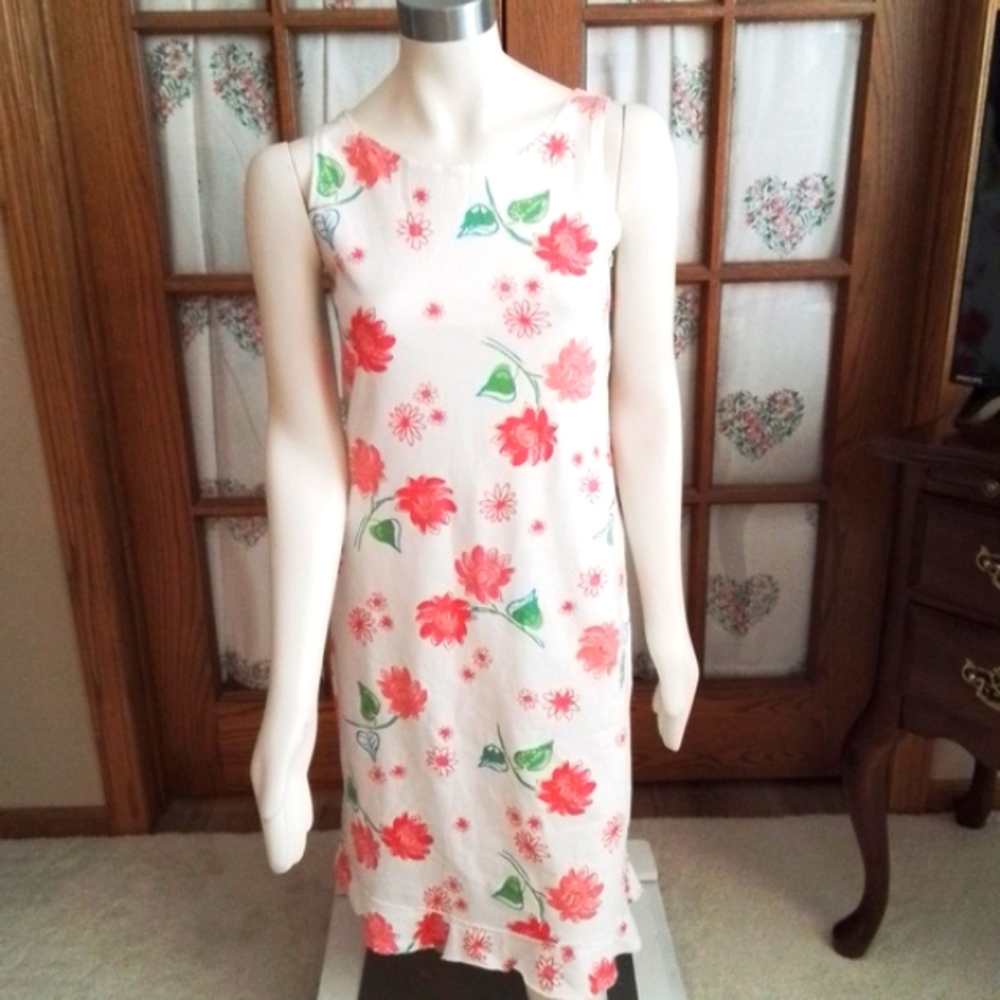 Fresh Produce 100% cotton sundress, coral pink/green floral on white, size S.
